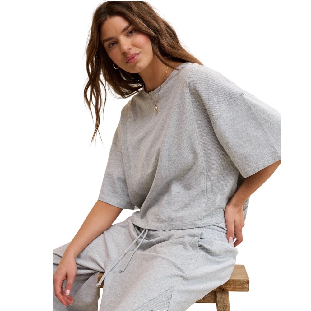 Aerie Unwind Waffle T-Shirt Heather Gray Size Large Oversized Cropped Boxy Top